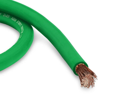 Heavy Duty 2/0 Awg Welding Cable And Car Battery Lead With Tough Epdm Sheath Built Stateside For Rough Job Sites Rock Solid Copper Core Goes Far On This Ten Foot Spool, showing green EPDM insulation and copper strands.