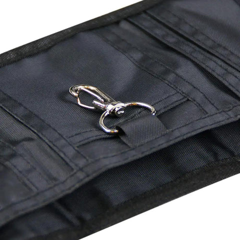 RFID Blocking Canvas Wallet For Men And Women, camo trifold showing interior hook and key holder, black material detail view
