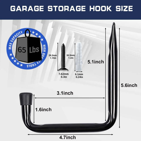 Beefed Up Heavy Duty J Hooks For Garage Storage 5 Pack Black Wall Hooks 40 Lb Capacity with dimensions and screws shown