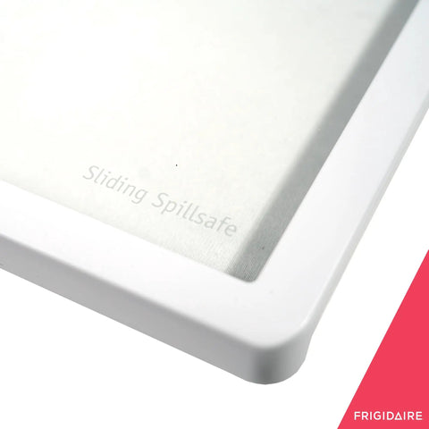 Corner view of Spill Safe Shelf For Refrigerators 240358926 White with sliding spill-safe design by Frigidaire.