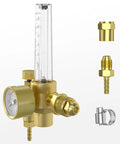 Front view of Yeswelder brass gas regulator with vertical flowmeter for Argon/CO2 MIG/TIG welding.