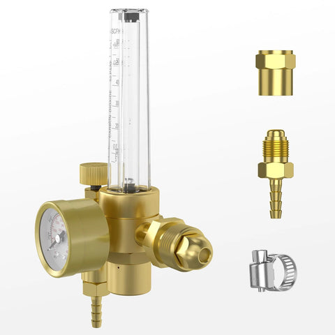 Front view of Yeswelder brass gas regulator with vertical flowmeter for Argon/CO2 MIG/TIG welding.