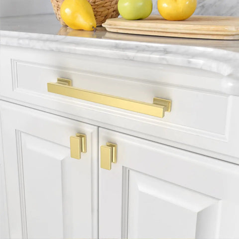 Real Solid 10 Pack 5 Inch 128Mm Brushed Gold Kitchen Cabinet Handles And Drawer Pulls For Cupboards Heavy Duty Hardware shown on white cabinets.