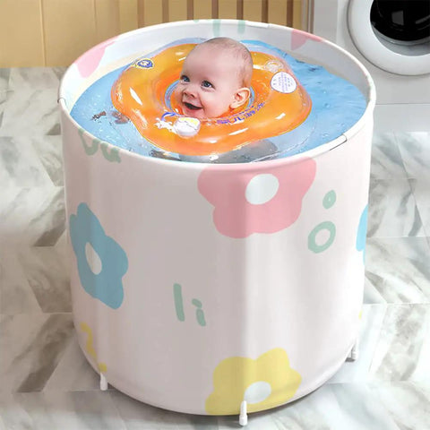 Baby in a decorated foldable portable bathtub for adults with insulated five layer design non inflatable PVC spa standing bath for shower stall