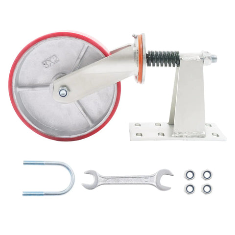 Built Tough 8 Inch Fence Gate Wheel For Metal Tube Gates With Smooth Rolling PU Tread And Solid Steel Core Supporting Up To 800 Pounds With Zero Sweat U Bolt Mounting.