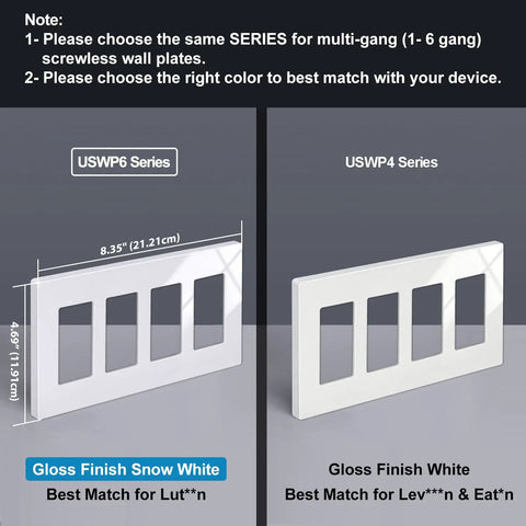 Comparison of 5 Pack 4 Gang Screwless Decorative Wall Plates For Light Switch Dimmer GFCI USB Receptacle Snow White USWP6 Series