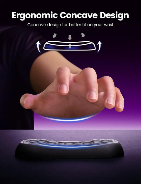 Hand hovering over Ergonomic Wrist Rest For Keyboard And Mouse, Memory Foam Arm Cushion With Soft Lycra Cover on a desk.