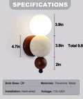 Modern Travertine Wall Sconce with Glass Globe, Wood Accent Wall Light Fixture, Hardwired G9 Base Wall Lamp for Bedroom, Living Room and Hallway, showing dimensions and specifications.