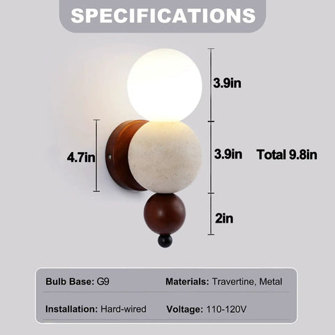 Modern Travertine Wall Sconce with Glass Globe, Wood Accent Wall Light Fixture, Hardwired G9 Base Wall Lamp for Bedroom, Living Room and Hallway, showing dimensions and specifications.