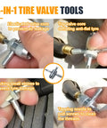 Quick Change Tire Valve Stem Tool Kit With Valve Core Remover And 4 Way Wrench, Includes 5 TR413 Cores And 4 Spare Cores in use