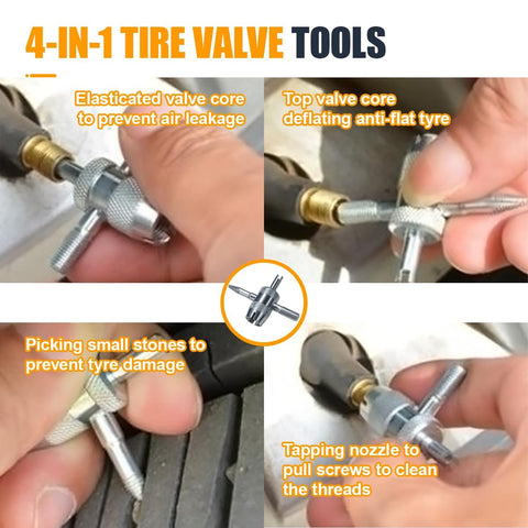 Quick Change Tire Valve Stem Tool Kit With Valve Core Remover And 4 Way Wrench, Includes 5 TR413 Cores And 4 Spare Cores in use