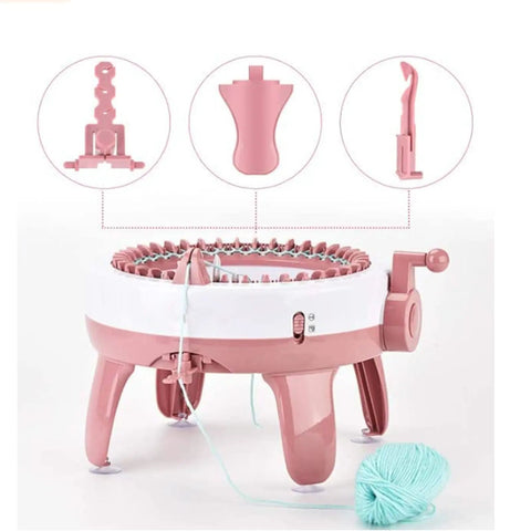 Deluxe Knitting Machine Accessory Set with round loom, pink attachments, yarn holder, for hands-free crafting.
