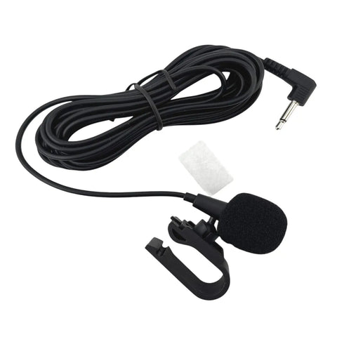 3.5mm Plug Microphone Replacement For DDX DMX DNX DPX KDC KMM Series Car Stereo System Handsfree External Mic For Bluetooth Calling And Navigation Use With 9Ft Cable, shown coiled with clip attachment.