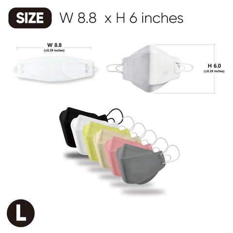 Assorted colors KF94 face masks, 8.8x6 inches, large size, featuring Large Black KF94 Face Mask For Adults, 4 Layer Protection.