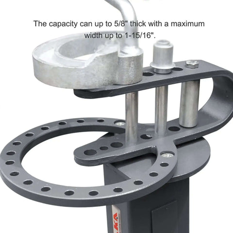 Close-up of Floor Type Compact Metal Bender With 38 Inch Stand and Large Base Plate 14 Dies showing adjustable arm and capacity details