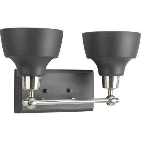 Bramlett Brushed Nickel Two Light Bath And Vanity Fixture With Matte Black Shades And Back Plate, Vintage Industrial Style Lighting With Old School Vibe For Traditional Bulbs, Modern Farmhouse Appeal