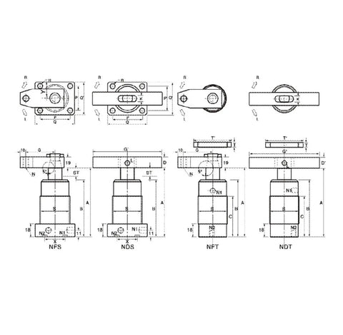 Technical drawing of heavy-duty high-pressure angle cylinder down-press rotary clamping fixture for automatic equipment rock-solid precision tooling component.
