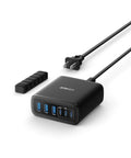 Black six port USB C fast charger dock with 112W max output for home office desk setup, including power cable; cable not included right now.