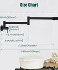 Heavy Duty Wall Mount Pot Filler Reaching 19 Inch Matte Black Kitchen Faucet With American Standard High Flow Design size chart with dimensions.