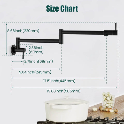 Heavy Duty Wall Mount Pot Filler Reaching 19 Inch Matte Black Kitchen Faucet With American Standard High Flow Design size chart with dimensions.
