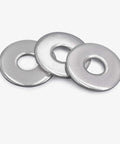 Three stainless Fender flat washers, 1 in OD, 3/8 in hole, 0.080 in thick, 304 stainless steel
