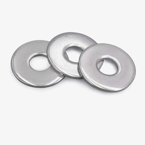 Three stainless Fender flat washers, 1 in OD, 3/8 in hole, 0.080 in thick, 304 stainless steel