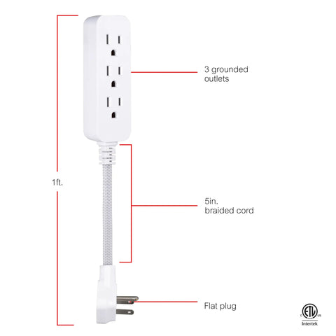 Three Outlet Power Strip With Braided Six Inch Extension Cord Grounded Flat Plug ETL Listed White with labeled features