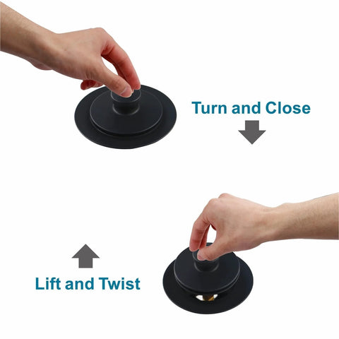 Matte black tub drain and overflow kit with single-hole faceplate; turn-to-close and lift-to-twist cap shown