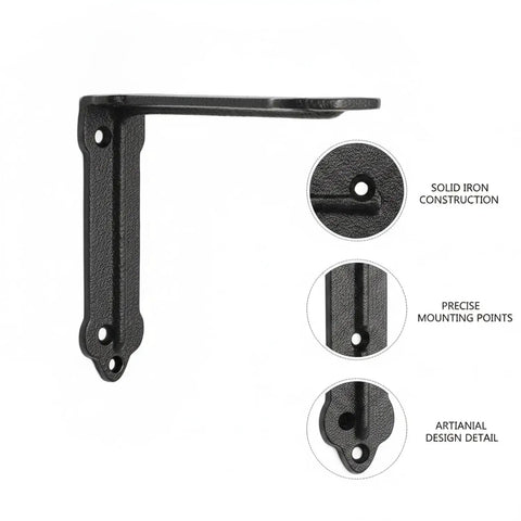 Sturdy Matte Black Iron Floating Shelf Bracket For Industrial Rustic Wall Decor Heavy Duty Shelf Support That Keeps Shelves Level Mounting Hardware Included Built To Last One Piece, showing solid iron construction and mounting details