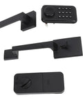 Badass Keyless Entry Lock Set With Fingerprint Scanner And Auto Electronic Keypad Deadbolt Digital Smart Code Setup Featuring Hella Smooth Lever Handle In Matte Black components displayed from an angle including keypad, deadbolt, and lever.