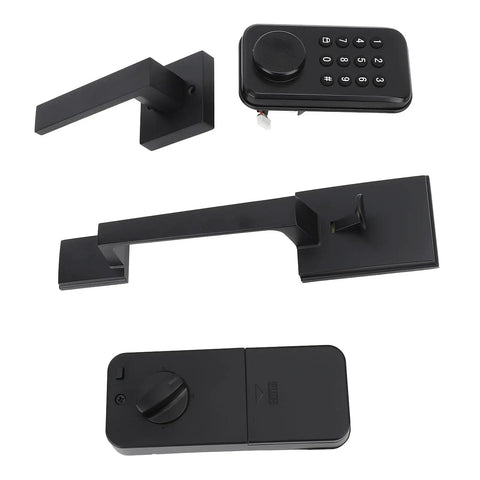 Badass Keyless Entry Lock Set With Fingerprint Scanner And Auto Electronic Keypad Deadbolt Digital Smart Code Setup Featuring Hella Smooth Lever Handle In Matte Black components displayed from an angle including keypad, deadbolt, and lever.