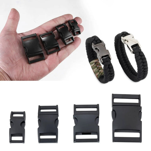 Paracord Buckle Set Six Pack Quick Release 5/8 Inch Buckles For Nylon Straps Belts Backpacks Webbing Pet Collars Sewing Accessories Rose Gold Finish displayed in hand and braid