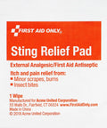 Sting Relief Pad packet with red label showing First Aid Only brand and external analgesic/antiseptic text
