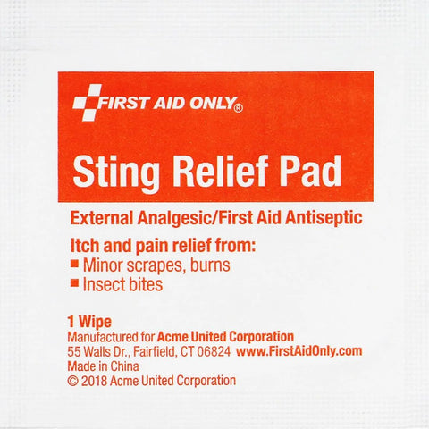 Sting Relief Pad packet with red label showing First Aid Only brand and external analgesic/antiseptic text