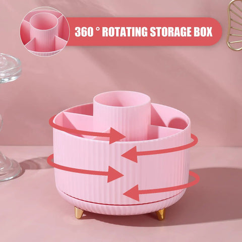 Pink Desk Accessories Set With Rotating Pen Holder 360° view with arrow indicators in a home office setting.