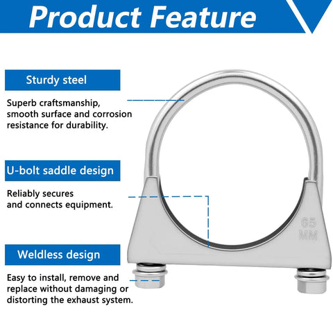 Image of 2.5 Inch U-Bolt Exhaust Clamp Saddle Style For Muffler Piping, showcasing sturdy steel, weldless design