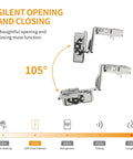 Top Shelf 10 Pack Soft Close Concealed Hinges For Face Frame Cabinets Smooth As Butter Heavy Duty 4D Adjustable Stainless Steel Satin Nickel hinge showing silent opening and closing at 105 degrees.