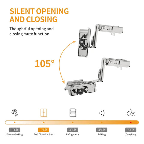 Top Shelf 10 Pack Soft Close Concealed Hinges For Face Frame Cabinets Smooth As Butter Heavy Duty 4D Adjustable Stainless Steel Satin Nickel hinge showing silent opening and closing at 105 degrees.