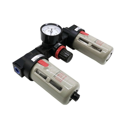 Three Unit FRL Air Treatment System For Compressors, Filter Regulator Lubricator Inline Assembly, side view showing gauge