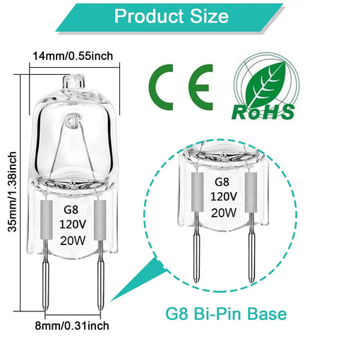 Image showing G8 Halogen Bulbs 20W Dimmable 120V G8 Base 2Pin Xenon Bulbs with size dimensions for kitchen lighting