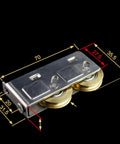 Top Tier Sliding Door Pulleys With Butter Smooth Double Wheel Track Rollers Heavy Duty Stainless Steel Hardware close-up with measurements