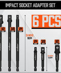 Six Piece Pro Grade Impact Sockets Adapters Set With Three Inch And Six Inch Hex Shank For Quick Change Drills And Impact Wrenches