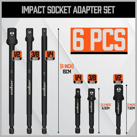 Six Piece Pro Grade Impact Sockets Adapters Set With Three Inch And Six Inch Hex Shank For Quick Change Drills And Impact Wrenches