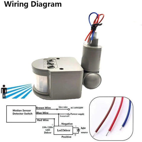 PIR Motion Detector Outdoor Sensor Switch For LED Lights, Auto Dusk To Dawn, waterproof switch with wiring diagram, AC110-220V setup