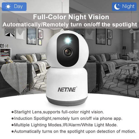 4MP Ultra HD Dual Band WiFi Security Camera Indoor Home Surveillance With 5GHz And 2.4GHz Support 355 Horizontal Pan And 80 Vertical Tilt Night Vision Two Way Audio Motion And Human Detection SD Card Recording For Pet Baby Nanny Monitor showing full-color night vision and spotlight features in a living room setting.