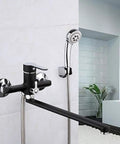 MXJCKSOQ Kitchen taps 1 Set 340mm Outlet Pipe Bath Shower Faucet Brass Body Surface Spray Painting Black Shower Head mounted on bathroom wall.