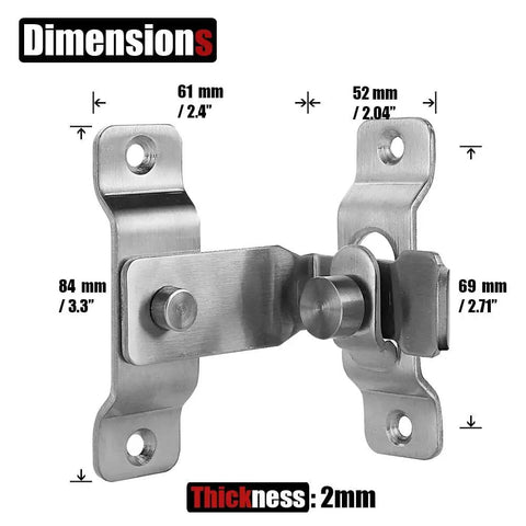 Heavy Duty Stainless Steel Flip Door Latch With 90 Degree Bar Gate Lock Brushed Finish Built To Last For Doors Cabinets Chests And Gates Left Or Right Hand Install Secure Rust Resistant Easy Tighten Design with dimensions