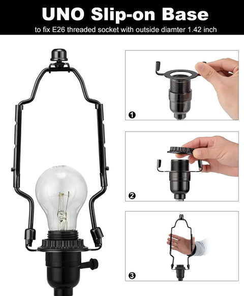 Badass Adjustable Lamp Shade Harp Kit For Table And Floor Lamps Heavy Duty Metal Holder with UNO slip-on base and E26 fitting.