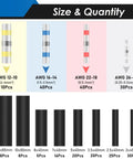 Chart displaying the size and quantity of Must Have Pro Grade 252Pcs Solder Seal Wire Connectors Kit with heat shrink tubing sizes.