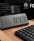 Totally Slick Two Pack Desk Edge Mount Power Strip With Four USB Ports And Three AC Outlets For Home Office Computer Setup Featuring Fast Smart Charging Tech And Reliable Surge Protection In Black, angled view on desk